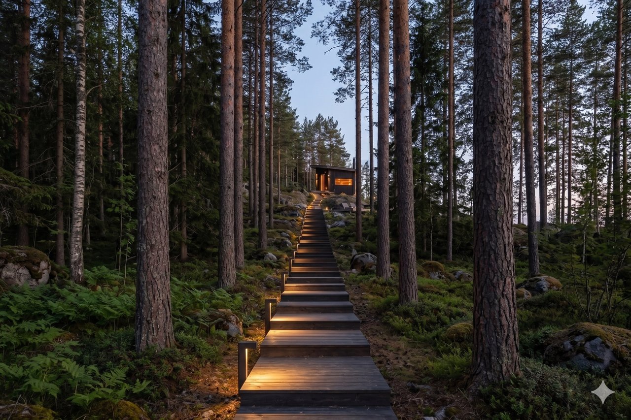 Havainnekuva: Saaristomeren saaren metsään sopeutettu mökki — luonnonläheinen rakentaminen
