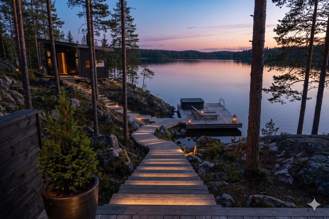 Havainnekuva: Saaristomöki auringonlaskussa Saaristomeren saaressa